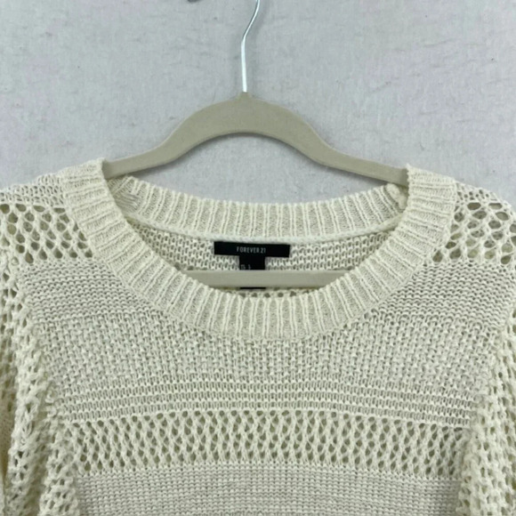 Forever 21 Sweater Womens Large Beige Open Knit Stretch Ribbed Trim Pullover - Picture 6 of 10
